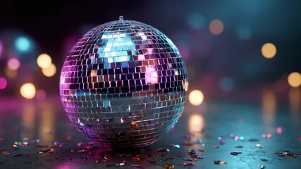 A shimmering disco ball reflects vibrant lights and confetti, creating a party atmosphere, with bokeh effect - Powered by Adobe