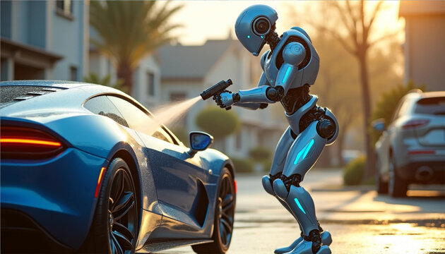 Futuristic Robot Washing a Car