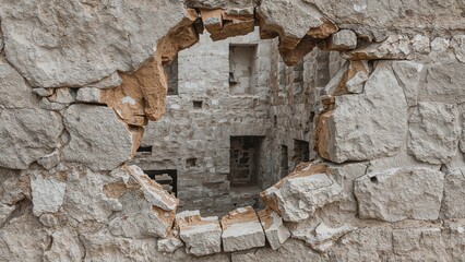 The aged structure's walls have crumbled and collapsed into the stonework.