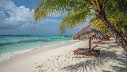 Calmness embraces this beautiful coast, where smooth white sands blend with soothing waves. Graceful palm fronds shade the comfortable loungers under a woven shelter.