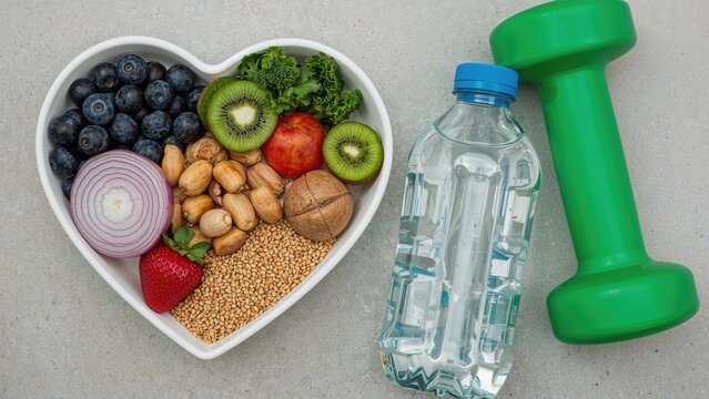 Healthy diet components placed in a heart-shaped bowl with exercise and hydration items