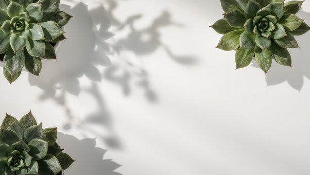Succulent plants captured closely on a clean white background with smooth focus. Top-down shot presenting a minimalistic and imaginative design. Sunlight creating elegant shadows. Space reserved for - Powered by Adobe