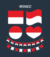 A complete set of Monaco flags in multiple shapes and styles, ideal for national themes, educational use, creative designs, and patriotic visual content.