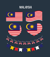 A detailed set of Malaysia flags in various shapes and styles, perfect for national celebrations, educational use, cultural visuals, and creative design projects.