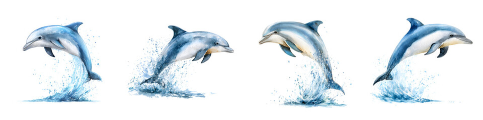Fototapeta premium Watercolor Dolphin Set: Leaping Dolphins with Splash Isolated on White Background