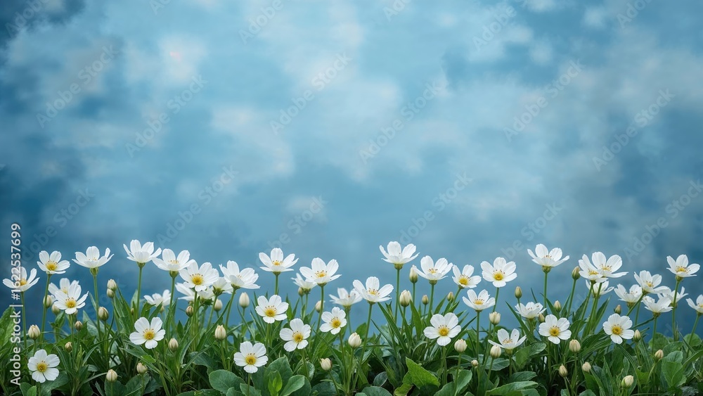 Poster springtime primroses in a forest setting against a stunning azure backdrop