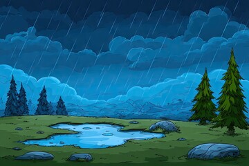 Rainy night landscape with puddles and trees.