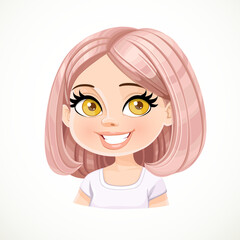 Beautiful girl with powdery pink  short bob haircut portrait isolated on white background