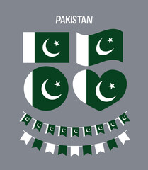 A complete set of Pakistan flags in various shapes and styles, perfect for national celebrations, educational purposes, cultural visuals, and creative designs.