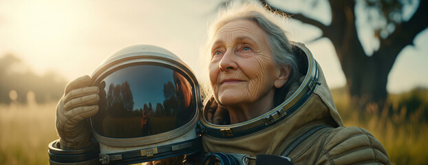 Cinematic portrait of an old astronaut coming back home. Grandmother with vintage space suit. Fiction concept about space exploration and science