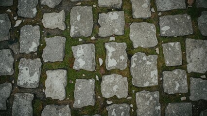 Fragmented surface of cobblestones covered with moss, highlighting the concept of natural wear and aging.