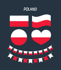 A complete set of Poland flags in various shapes and styles, ideal for national celebrations, educational content, cultural visuals, and graphic design projects