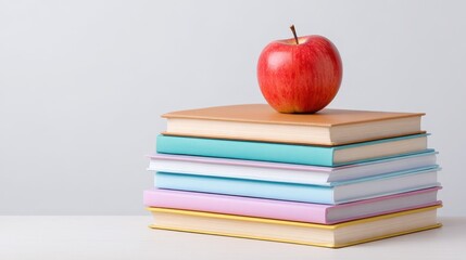 Stack of colorful books topped with a red apple.