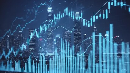 Blue financial charts superimposed on a night cityscape - Powered by Adobe
