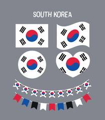 A creative collection of South Korea flags in various shapes and formats, perfect for patriotic themes, education, graphic design, and cultural projects.