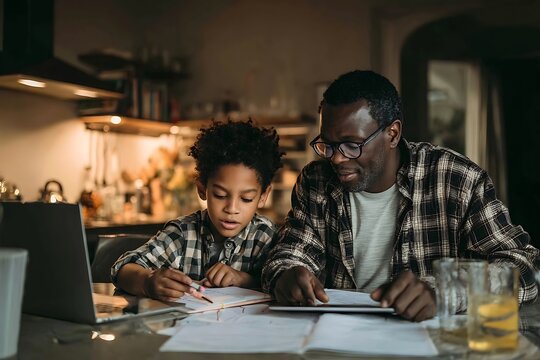 Dad helping his son with homework at the kitchen table with laptop and books at home