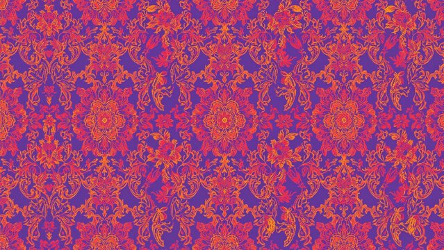 Neon bright vintage baroque floral seamless pattern influenced by 1980s style. Ornate 2D decoration reflecting luxury, royalty, and Victorian heritage. Heraldic floral texture repeated for a classic