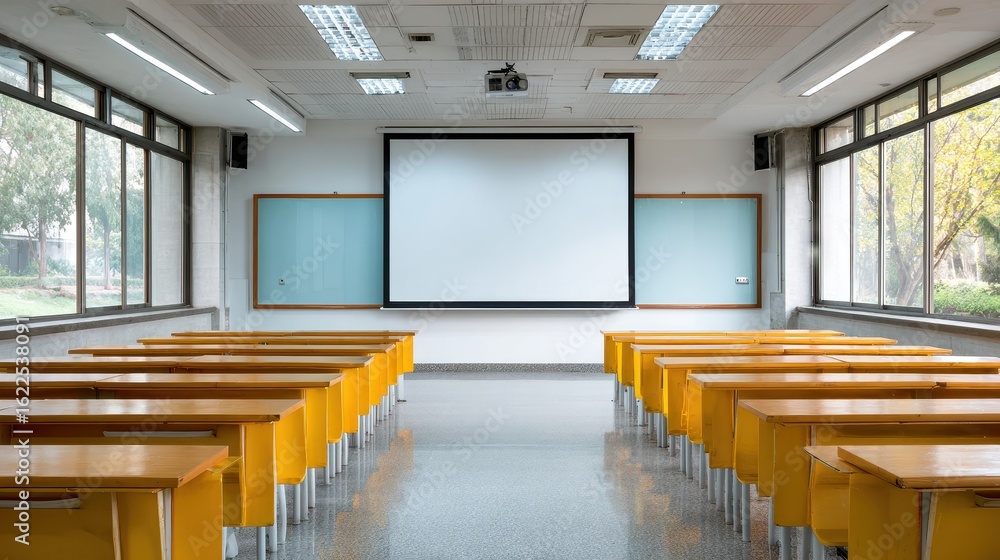 Poster empty classroom with yellow desks and a large screen at the front.