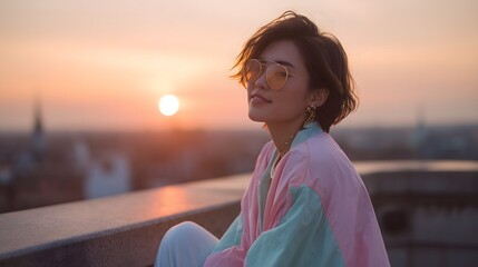 A young Asian woman in a pastel vintage windbreaker sits on a rooftop, enjoying a nostalgic urban sunset with a retro, stylish flair.