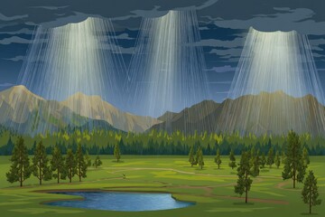 Mountain landscape with a tranquil pond and beams of light.