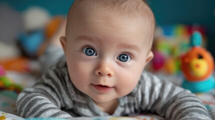 A curious baby boy in a nursery room with soft natural light and a blurred pastel background.