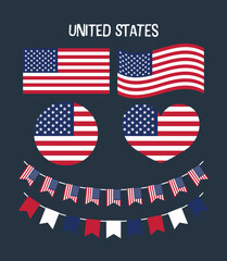 A diverse set of United States flags in various shapes and styles, perfect for patriotic projects, educational use, national themes, and creative graphic design.