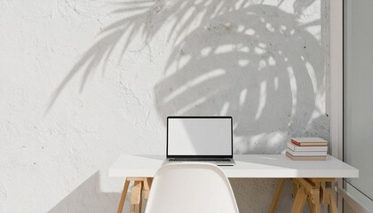 Minimalist neutral-toned workspace with textured wall, soft shadows, and natural daylight highlighting form and balance