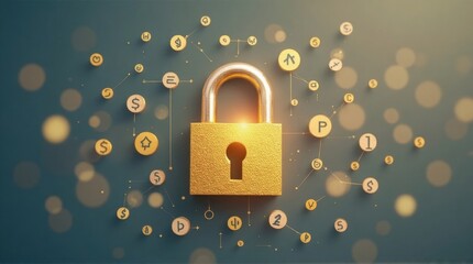 Golden Lock with Digital Network Security Symbols on Blue Background
