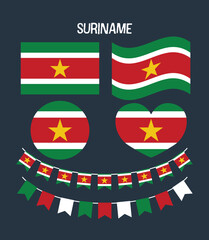 A diverse collection of Suriname flags in multiple shapes and styles, perfect for education, cultural projects, travel visuals, and patriotic graphic designs