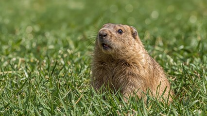 Close-up of a small furry animal emerging from its burrow in a lush green lawn