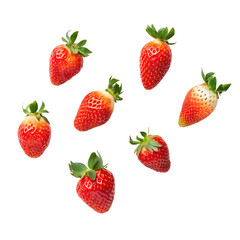 Seven Fresh Strawberries Scattered on Black Background