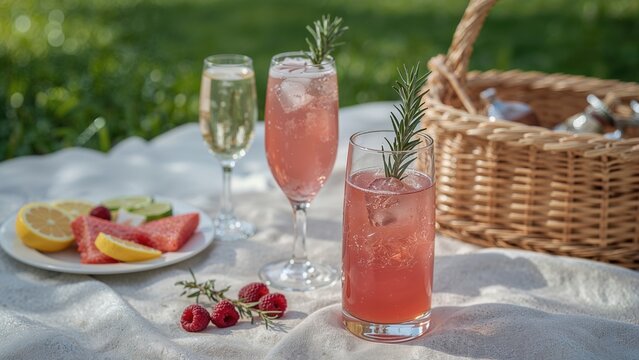 Summer picnic setup featuring two glasses filled with chilled pink drinks garnished with raspberry and rosemary, accompanied by a fruit plate and basket on a blanket outdoors.