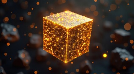 Glowing Golden Cube with Sparkling Particles on Dark Background