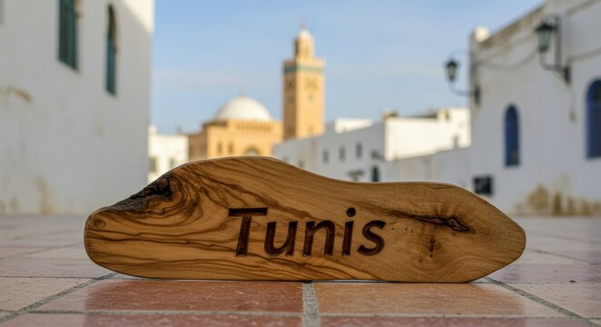 Artisan carved olive wood sign reading 'Tunis' with Zitouna Mosque backdrop