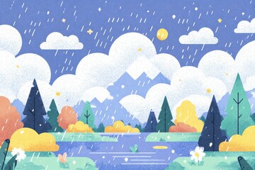 A rainy day landscape scene with colorful trees and a lake.