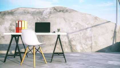 Minimalist neutral-toned workspace with textured wall, soft shadows, and natural daylight highlighting form and balance
