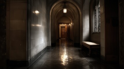 Obraz premium Dark and Shadowy Hallway with Soft Light and Elegant Architecture