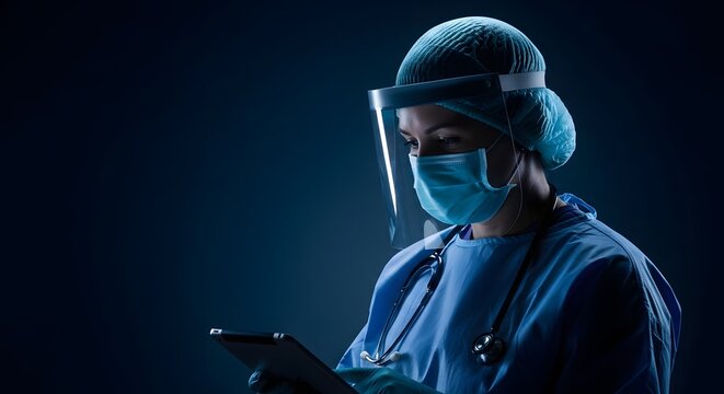 Nurse with a mask on the face using an ipad. Surgeon doctor in sterile gloves preparing for operation using tablet computer. He is wearing surgical cap and blue gown