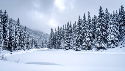 Serene Winter Landscape: Snow-Covered Forest and Frozen Lake Under a Cloudy Sky