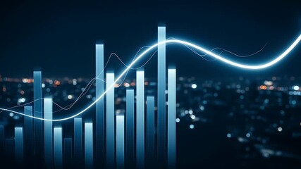 Glowing bar chart with lines on blurred city lights background - Powered by Adobe