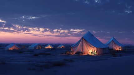 Desert Camp at Twilight with Gentle Wind and Illuminated Tents
