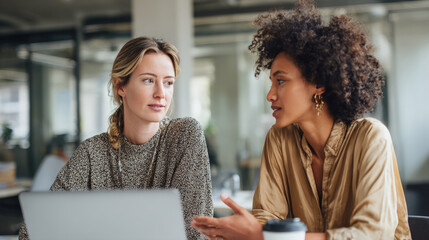 Two professional women are engaged in a focused business conversation at a desk with a laptop, showcasing collaboration, teamwork, and modern office life