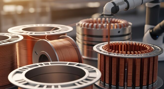 Detail of coil winding spools progressively building electromagnetic cores that power the levitation and propulsion of hyperloop capsules.