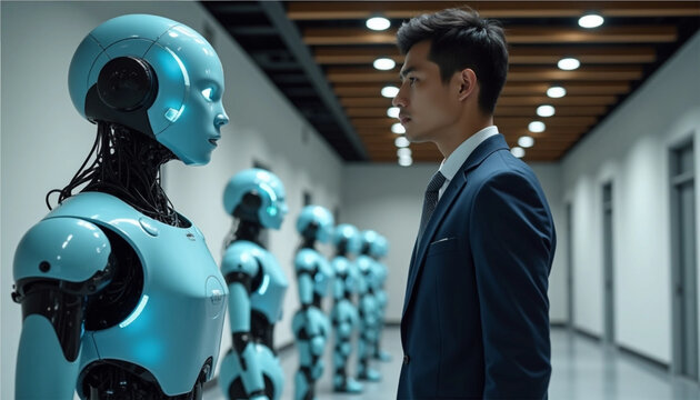 Man Interacting with Humanoid AI Robot in Modern Hallway