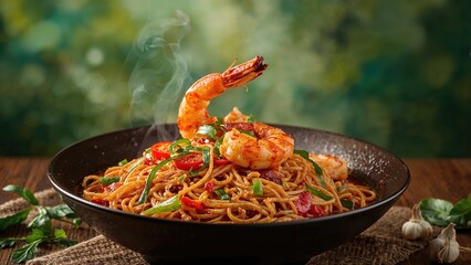 Isolated Seafood Noodles with Shrimp Garnished by Greenery