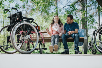 A joyful couple sitting together on a park bench, sharing smiles and laughter, surrounded by vibrant nature and sunlight.