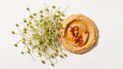 Germinated chickpeas displayed against a plain white backdrop