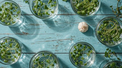 Different types of microgreen seeds including broccoli and garlic sprouting in pots with water against a blue wooden backdrop