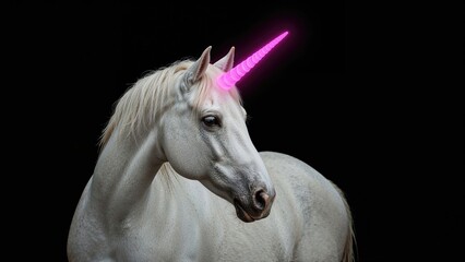 A white unicorn's horn shines with a lovely pink light.
