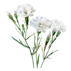 Fototapeta premium Three white carnations and buds on transparent background